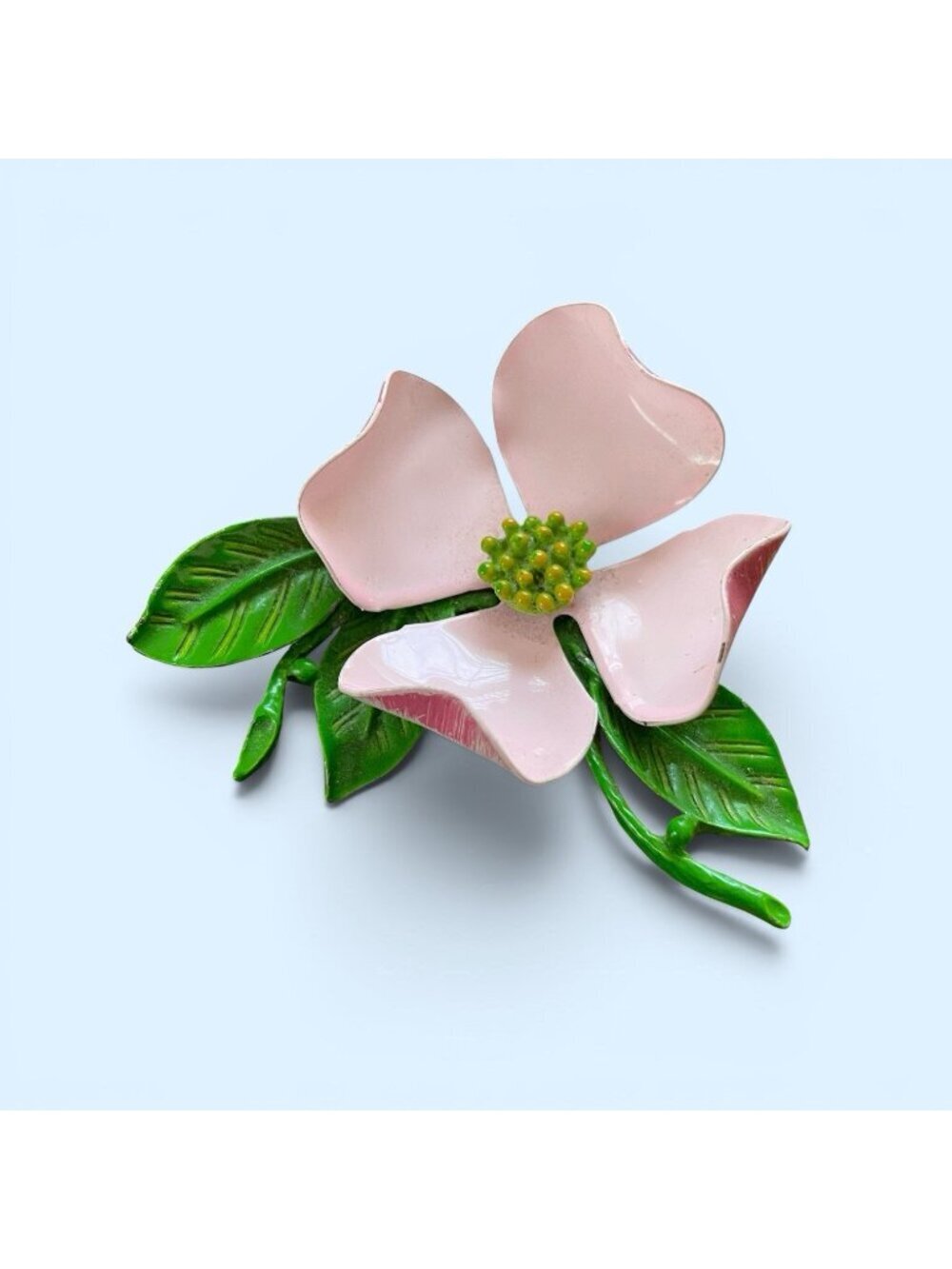 Vintage 1960s Enamel Dogwood Flower Brooch Pink Green Floral Pin Large 2.5"